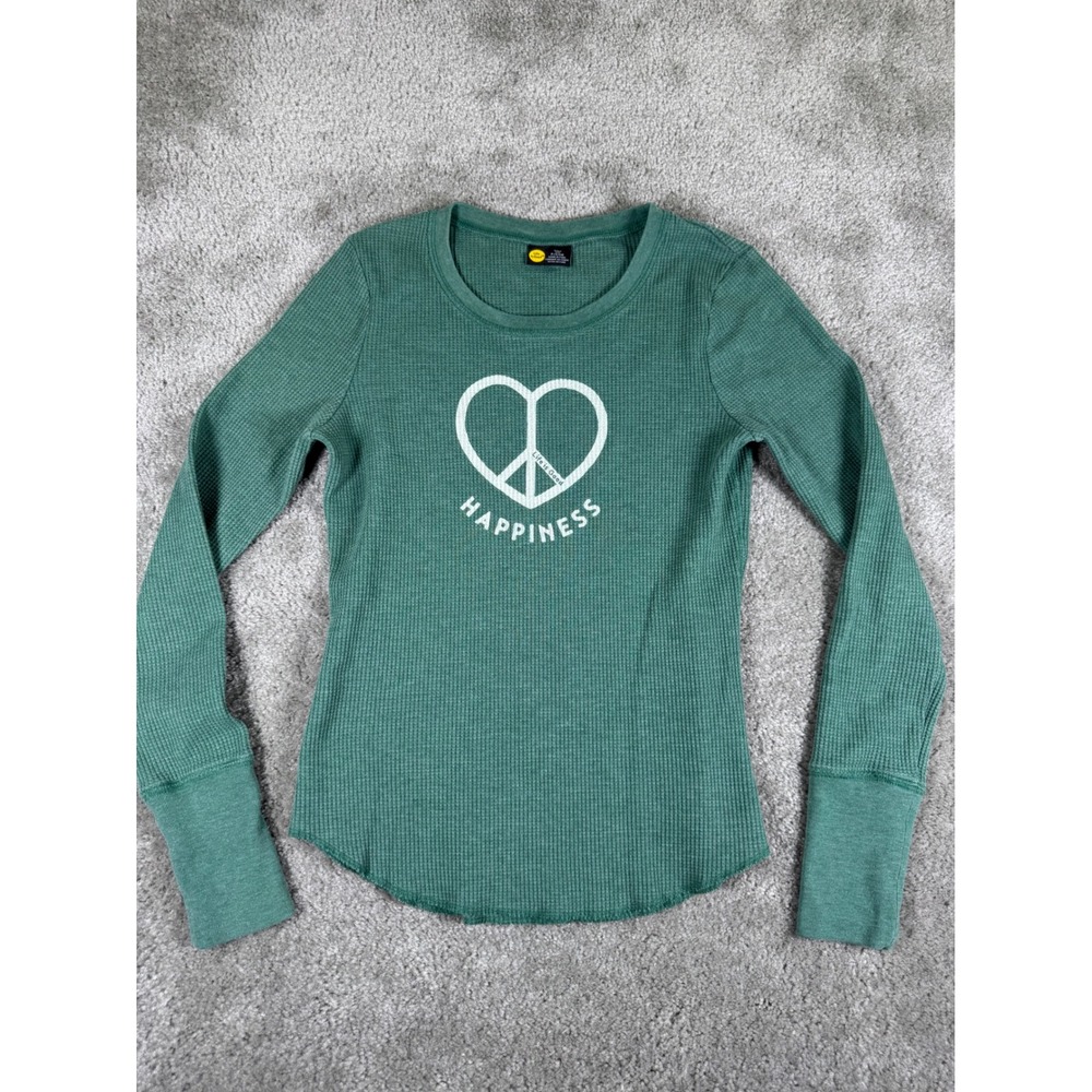 Life is Good Womens Waffle Knit Thermal Top Green Peace Heart Happiness Small